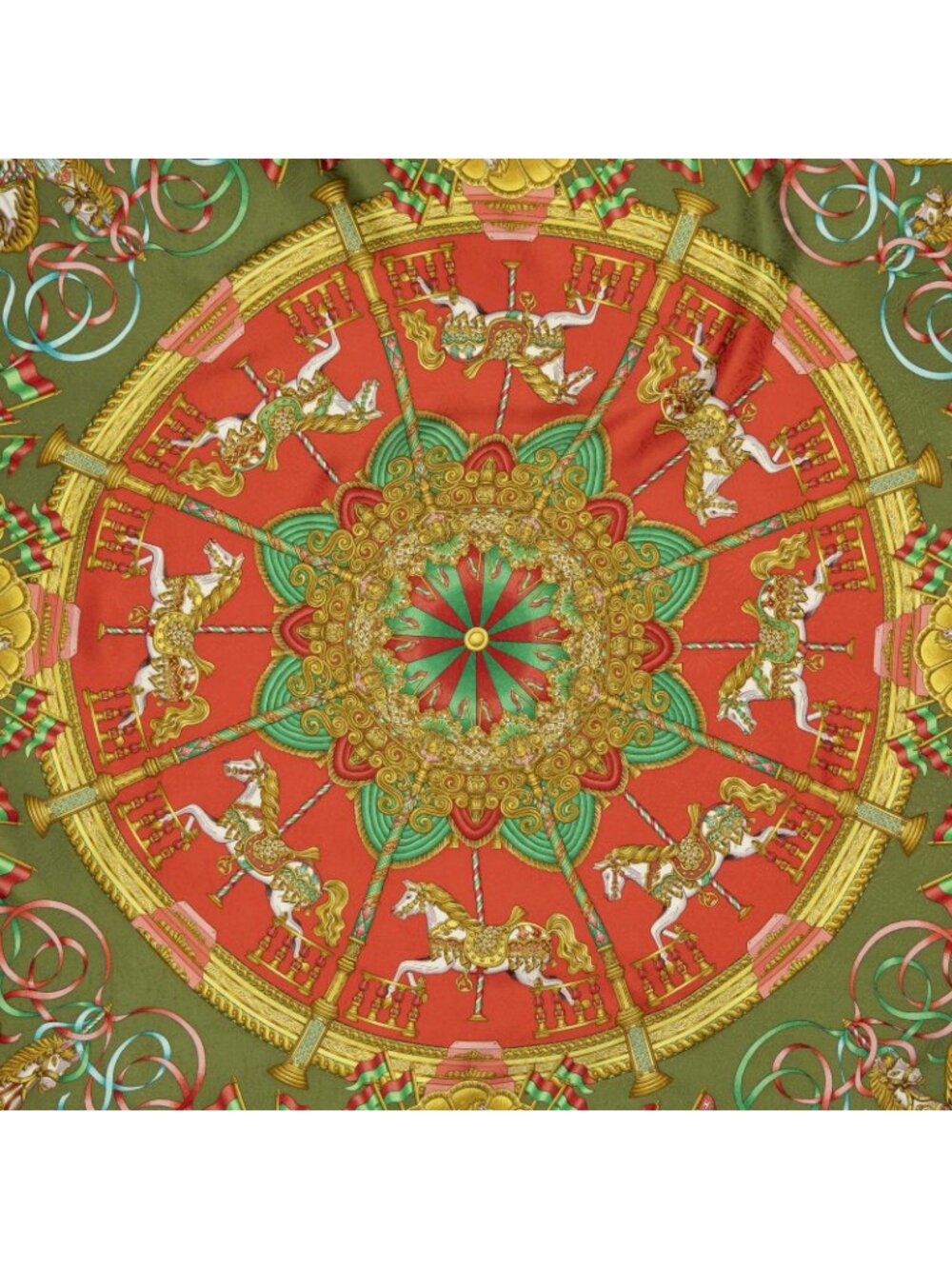 Hermes Scarf Red Green Gold 100% Jacquard Silk - Picture 3 of 5